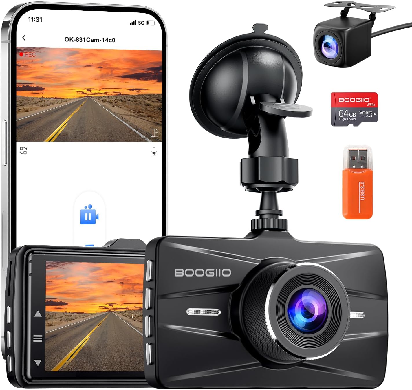 4K Dash Cam Front and Rear with 64GB SD Card and WiFi