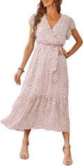 Women's Summer Floral Boho Maxi Dress Wrap V Neck - Flowy (Style 83N8)