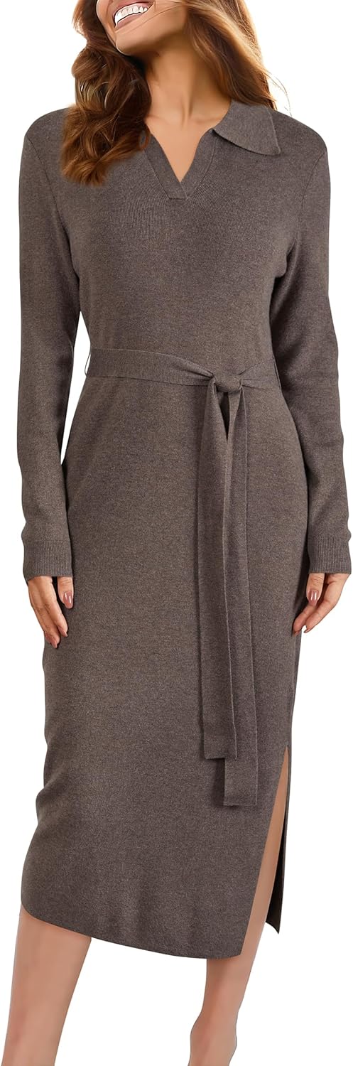 Arach&Cloz Women's Wool Blend Side Slit Polo Sweater Dress