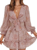 Deep V Neck Knotted Tiered Chiffon Mini Dress - Spring Fall 2025