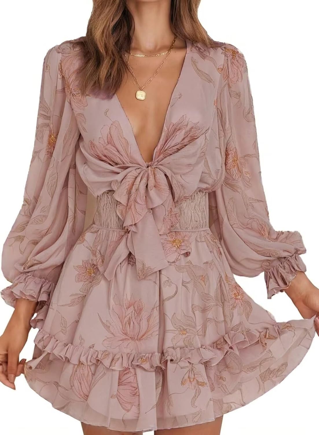 Dokotoo Womens Casual Deep V Neck Knotted Mini Dress for Fall