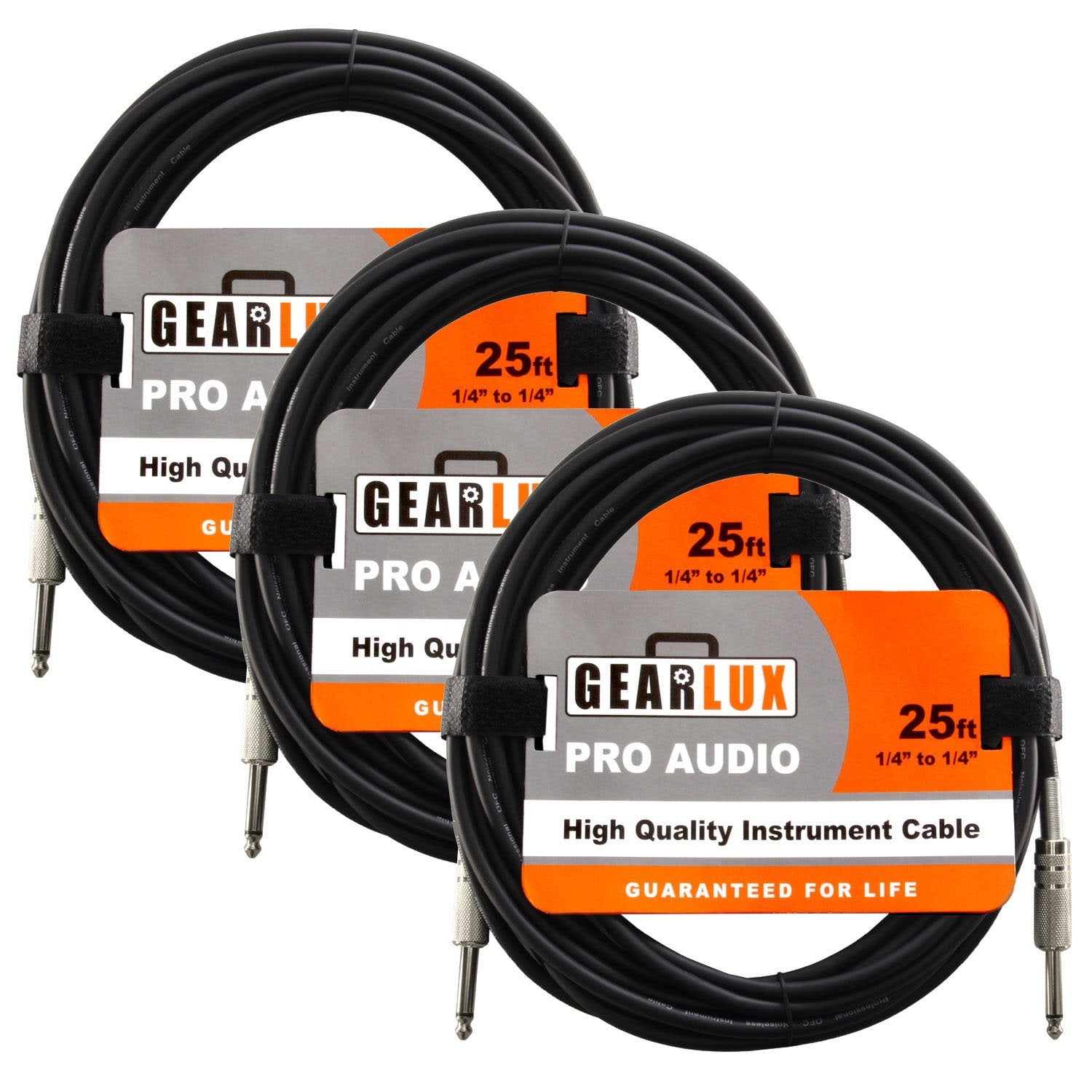 Gearlux Instrument Cable 25ft 3 Pack for Studio and Live Use