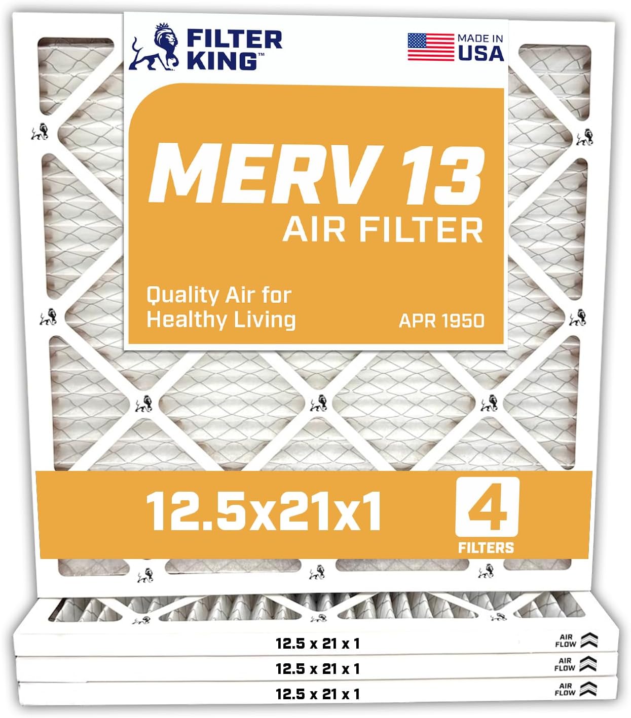 MERV 13 Air Filter 12.5x21x1 by Filter King - 4 Pack