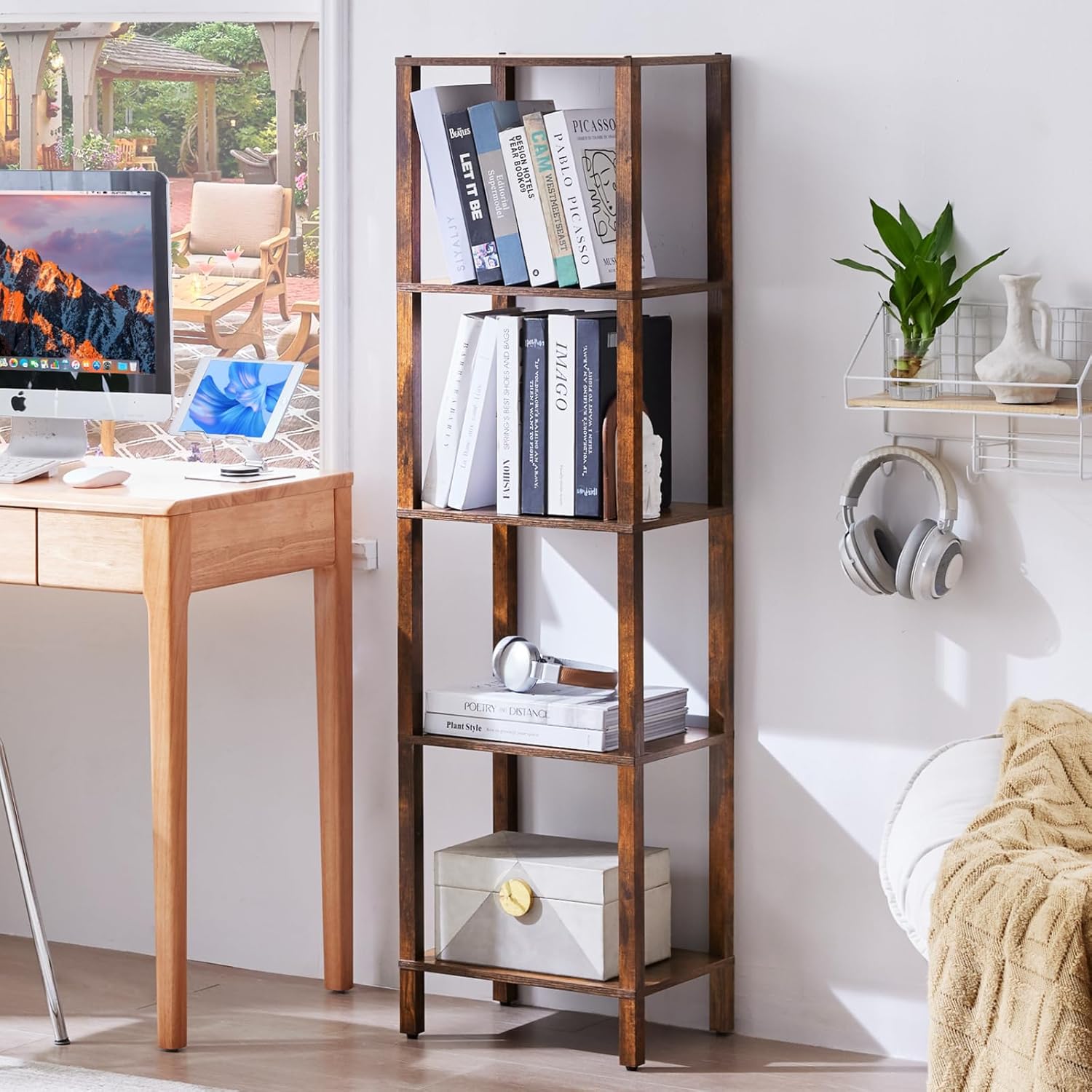 54in Tall Bookshelf 5-Tier Slim Bookcase for Small Spaces