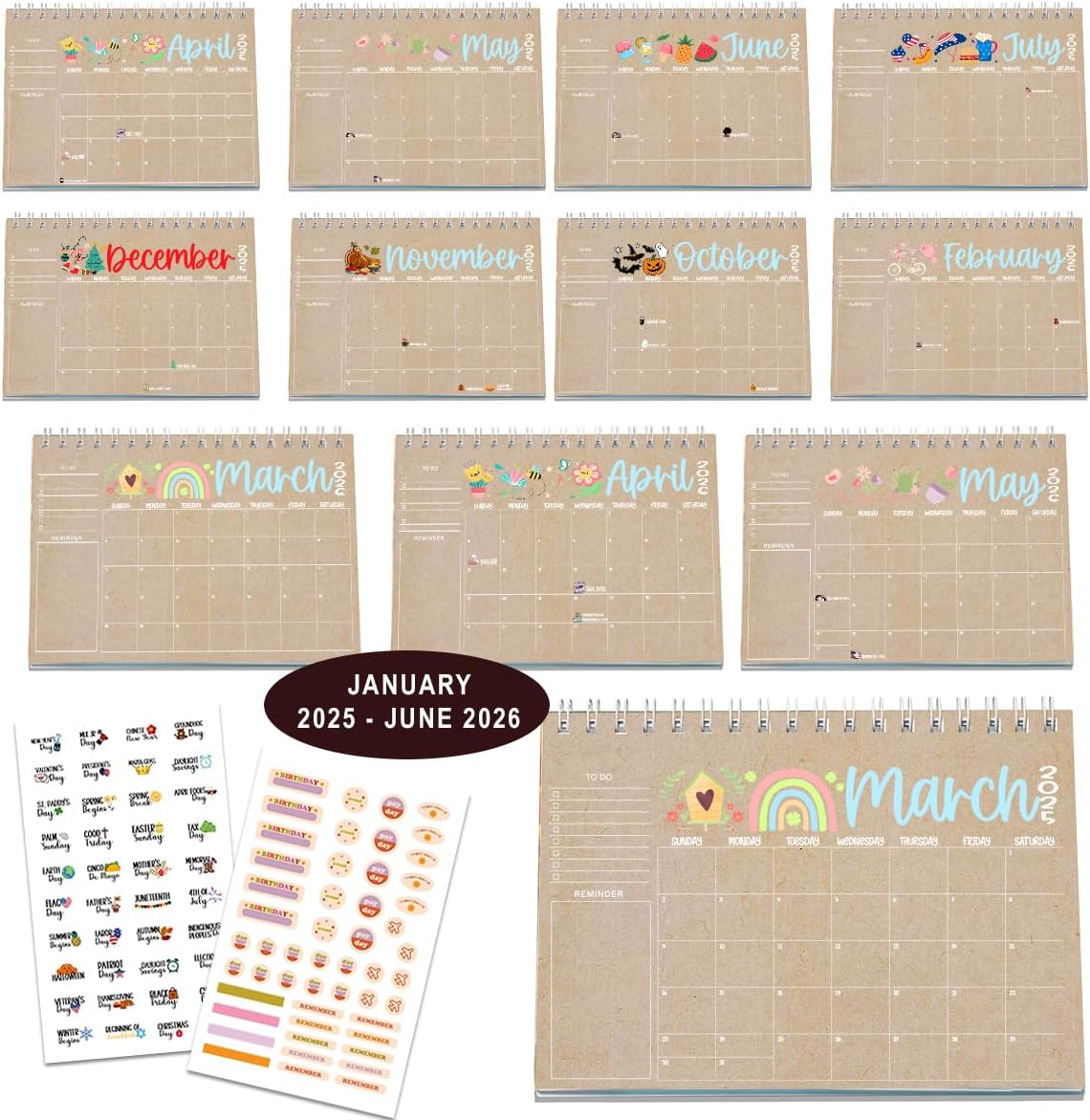 2025-2026 Desk Calendar Set with Holiday Stickers