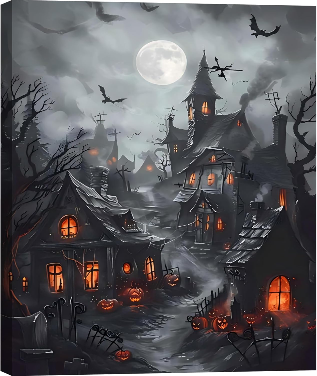 Vintage Fantasy Haunted Village Night Scene Wall Art for Halloween