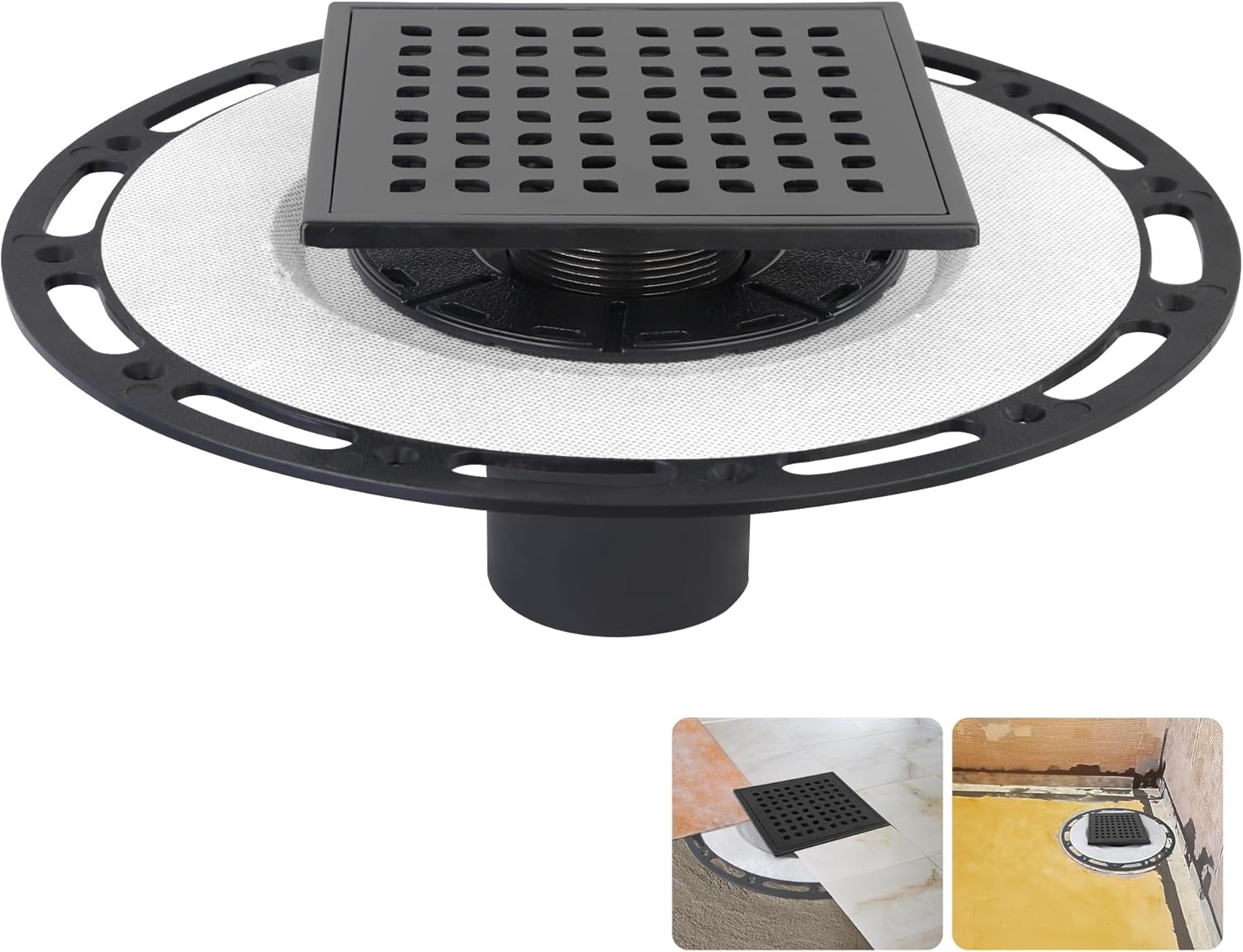 Square Shower Drain Kit with Stainless Steel Grate for Tiled Floors