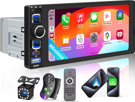 6.8 Inch Single Din Car Stereo with Wireless CarPlay & Android Auto