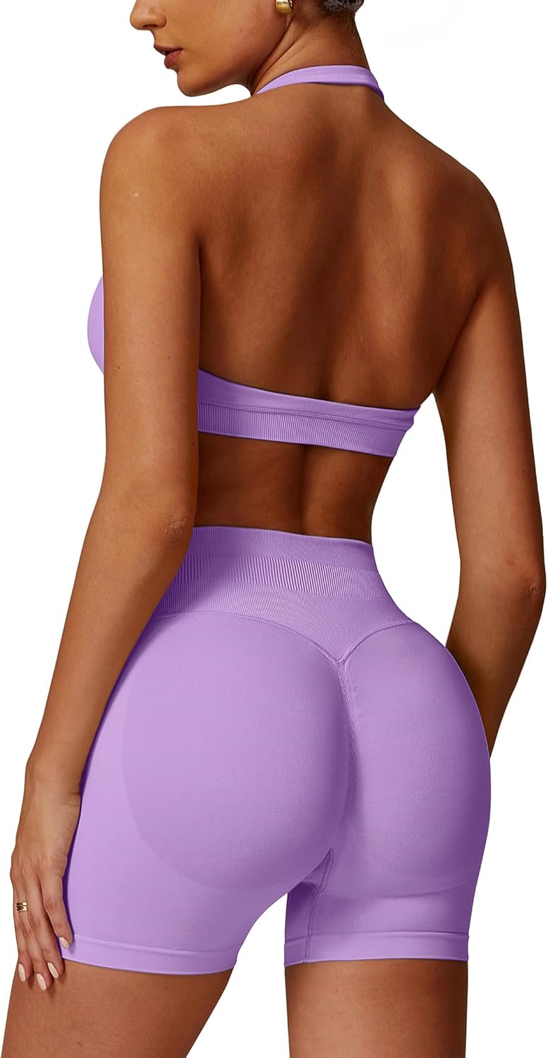 ABOCIW Workout Sets for Women: Seamless Halter Sports Bra & Shorts