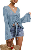 FERBIA Crochet Beach Cover Up - Lightweight V Neck Drawstring Top