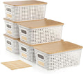 Plastic Storage Bins with Bamboo Lid - Stackable 6-Pack for Small