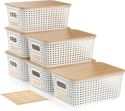 Plastic Storage Bins with Bamboo Lid for Home Organization