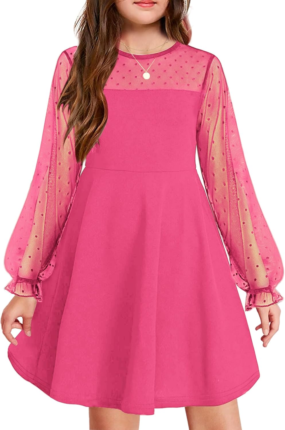 Arshiner Girl's Contrast Mesh Puff Long Sleeve A Line Dress