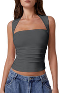 Womens Square Neck Tank Top Side Ruched Double Lined Slim