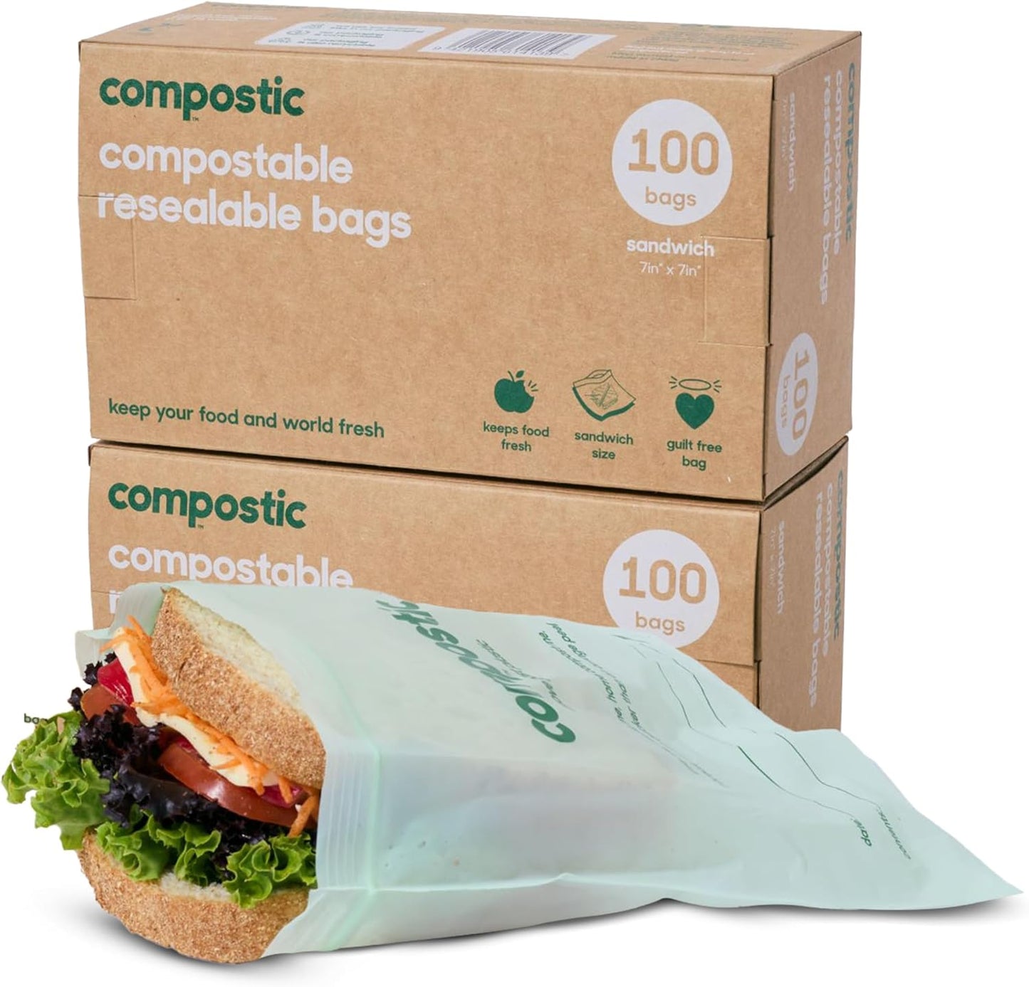 Compostable Resealable Sandwich Bags for Eco-Friendly Use 100 Count