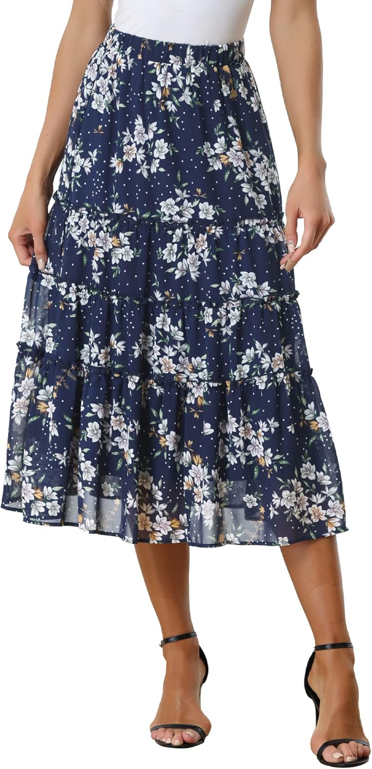 Allegra K Women's Floral Chiffon A-line Midi Skirt for Summer