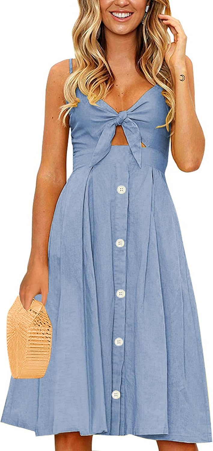 ECOWISH Women Summer Dresses Tie Front V-Neck A-Line Midi Dress