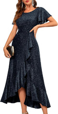 BeryLove Women Sequin Formal Party Dress - Flutter Short Sleeve Maxi