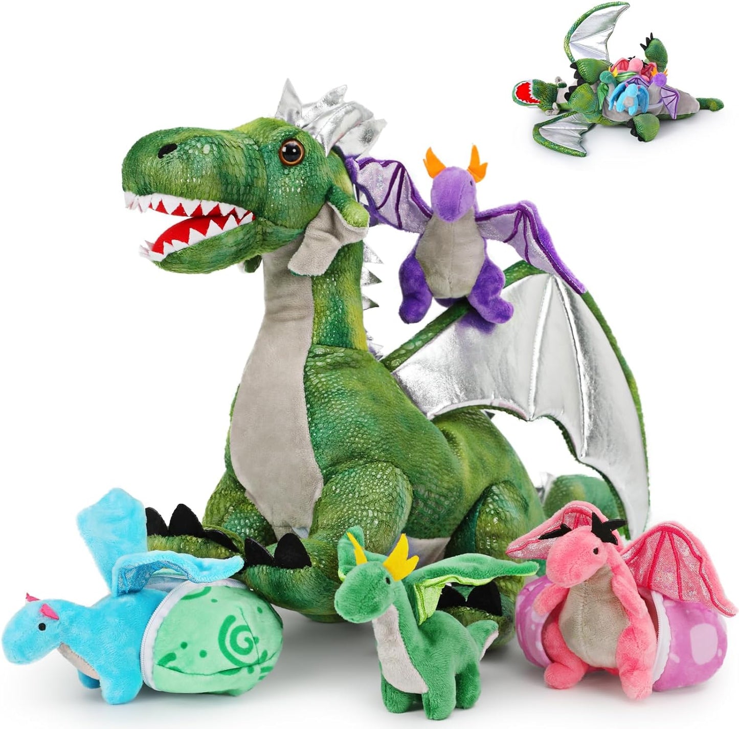 7Pcs Giant Green Dragon Plush Toy Set for Kids and Gifts