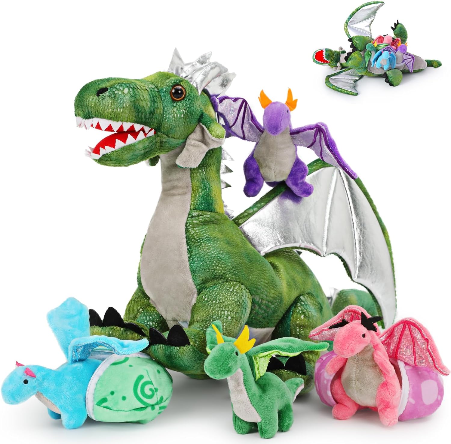 7Pcs Giant Green Dragon Plush Toy Set for Kids and Gifts