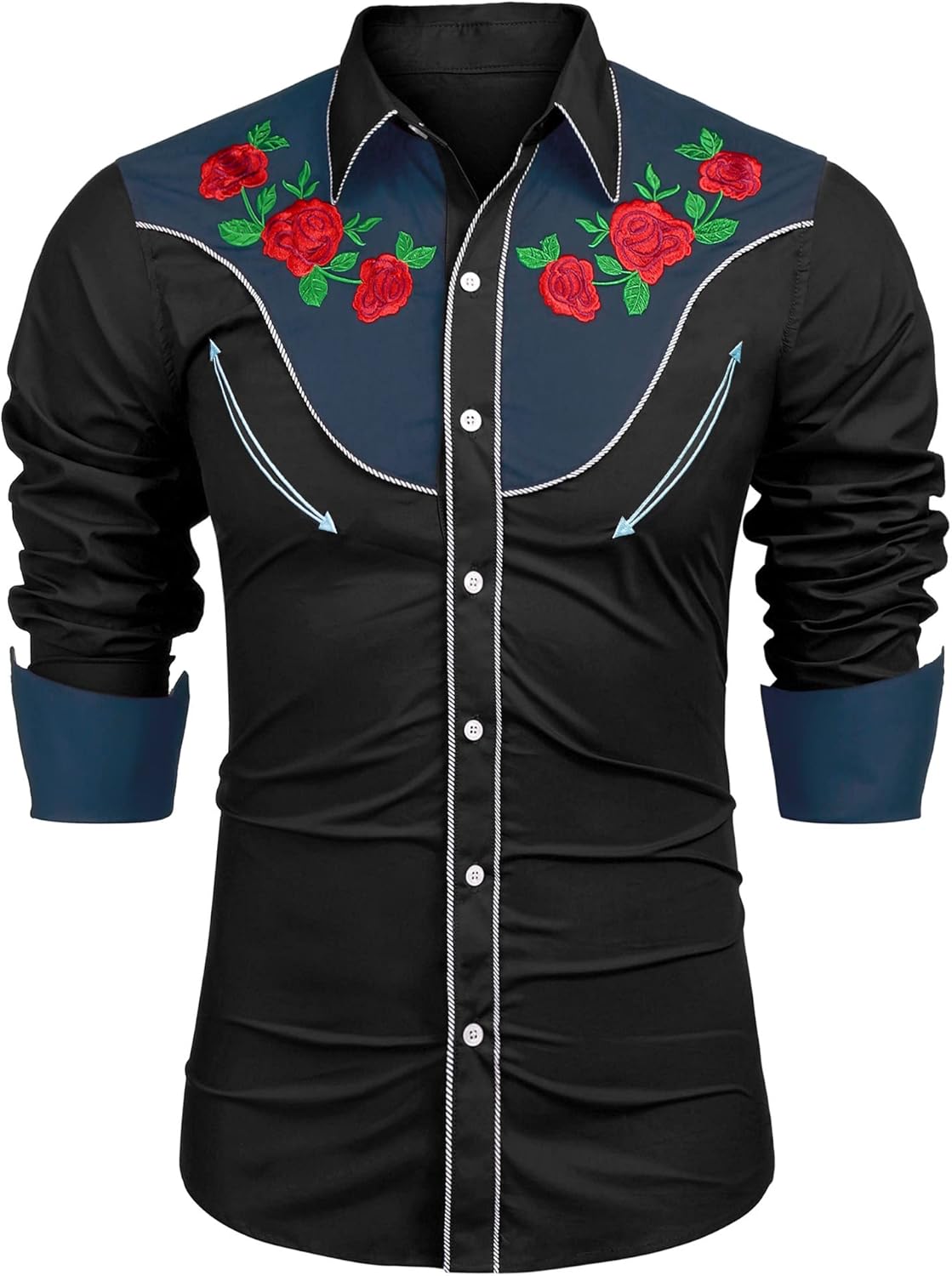 COOFANDY Men's Western Cowboy Shirt with Rose Embroidery Style