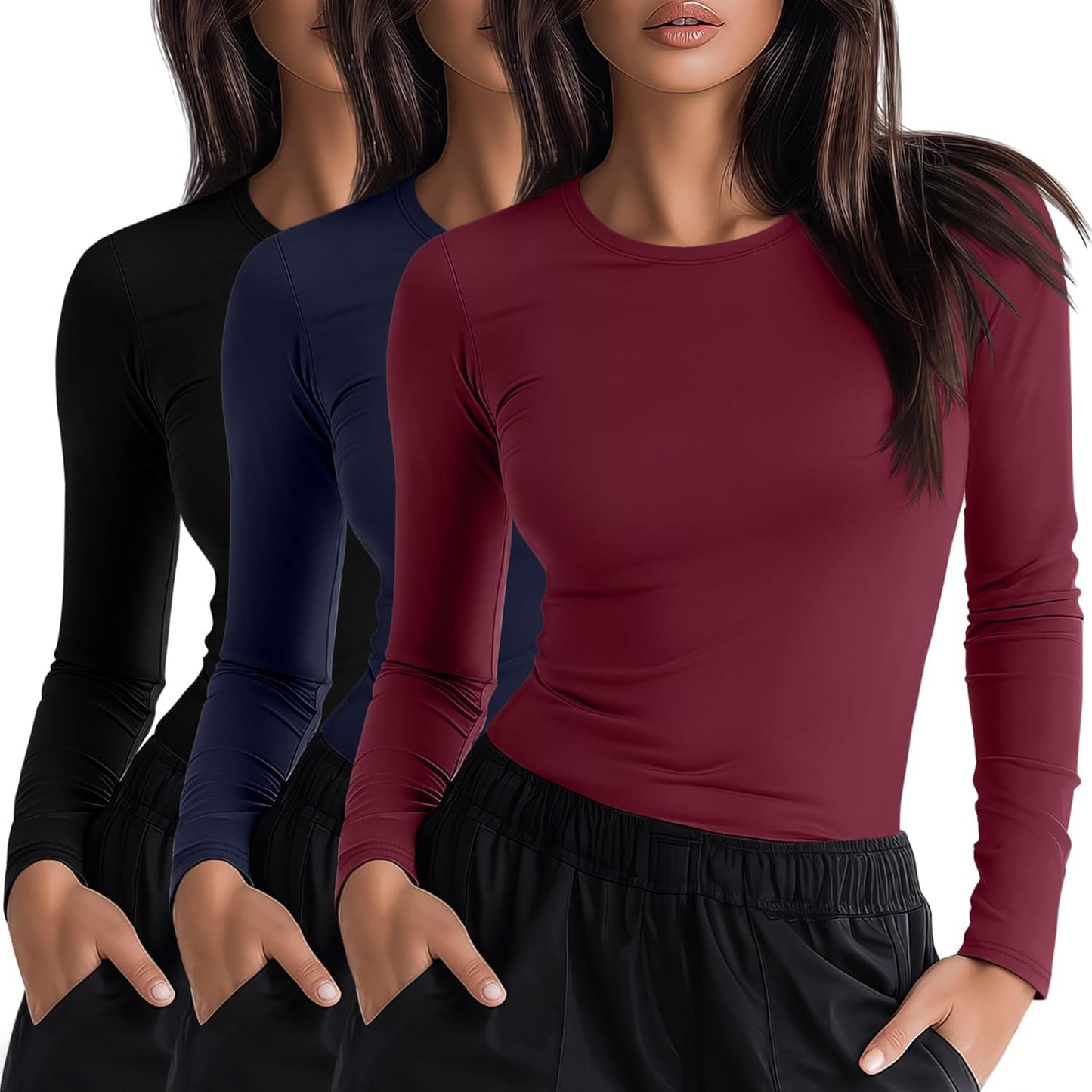 Neer 3 Pack Womens Long Sleeve Crewneck Underscrub Shirts