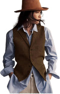 Womens Herringbone Tweed Waistcoat Sleeveless Blazer V Neck DRAHANCE