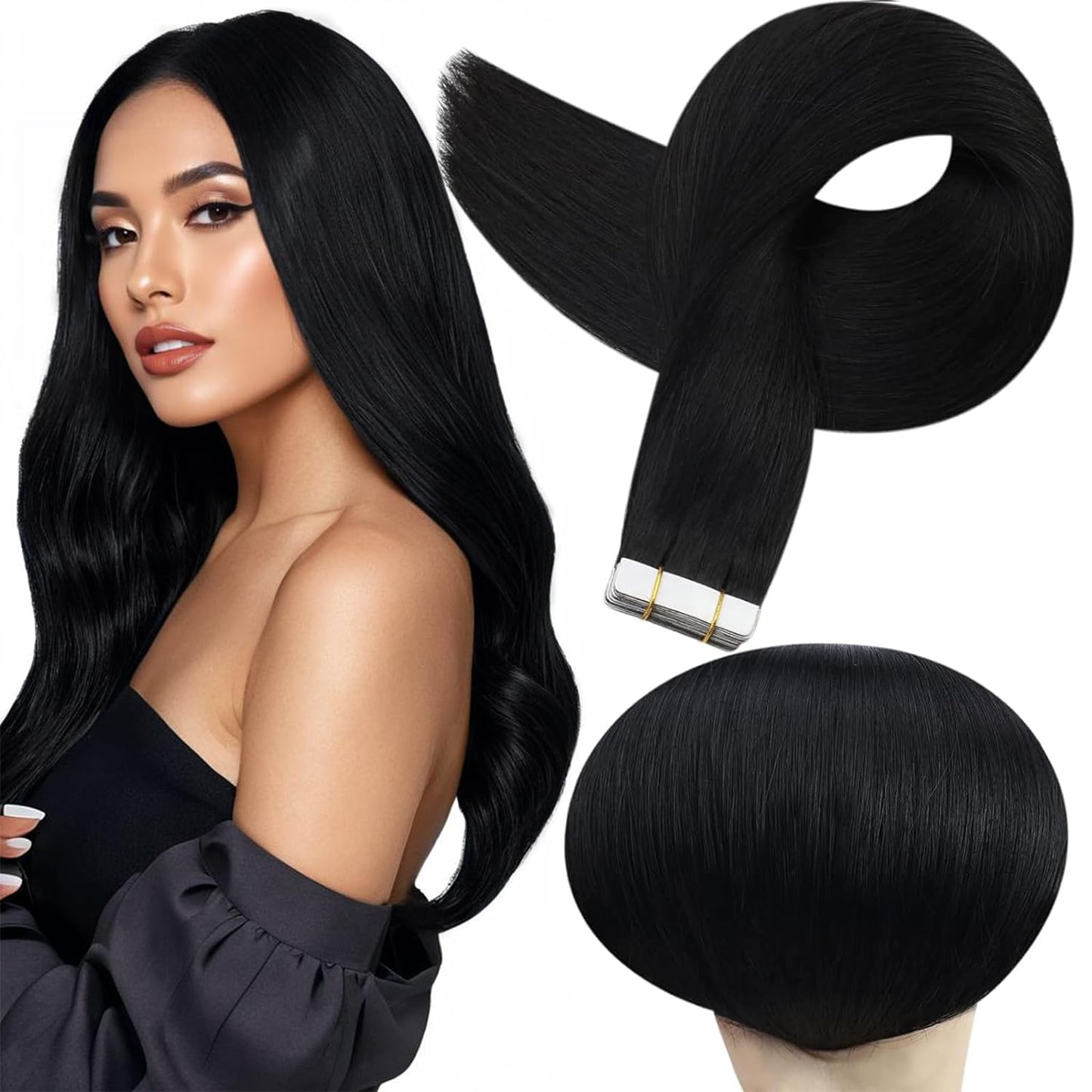 Full Shine Real Human Hair Tape in Extensions 24Inch Jet Black