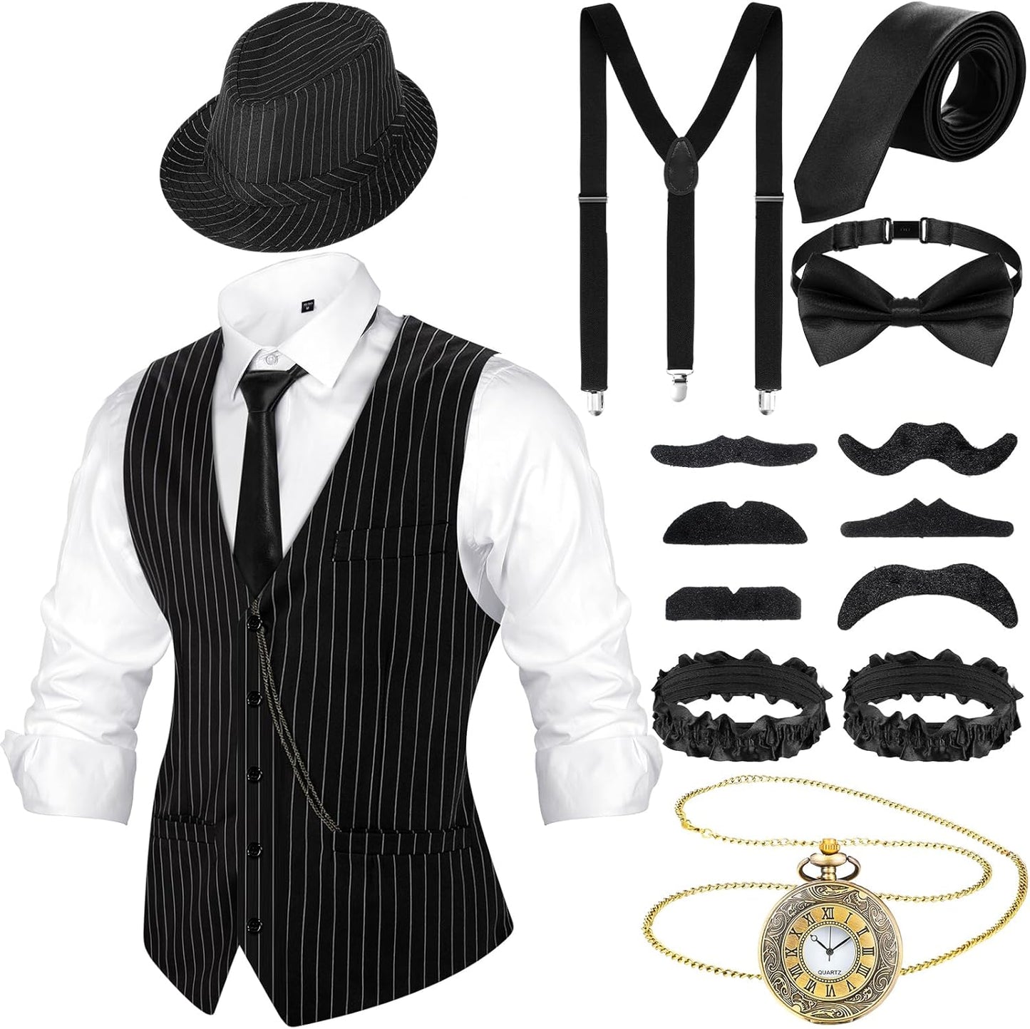 1920s Mens Costume Outfit with Gangster Vest and Accessories