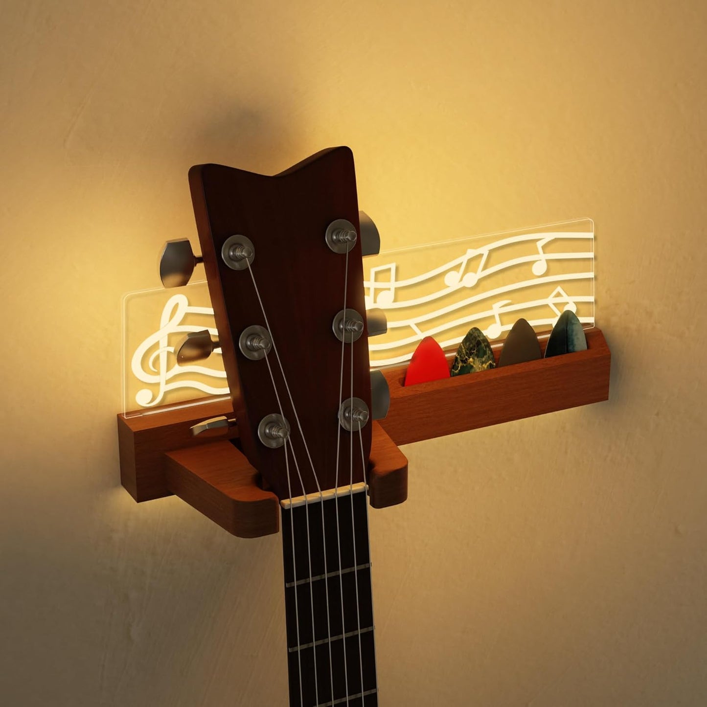 Wood Guitar Wall Mount with Pick Holder - Perfect Gift!
