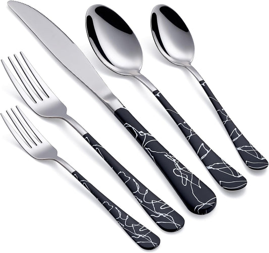 20-Piece Black Stainless Steel Silverware Set with Yellow Handles