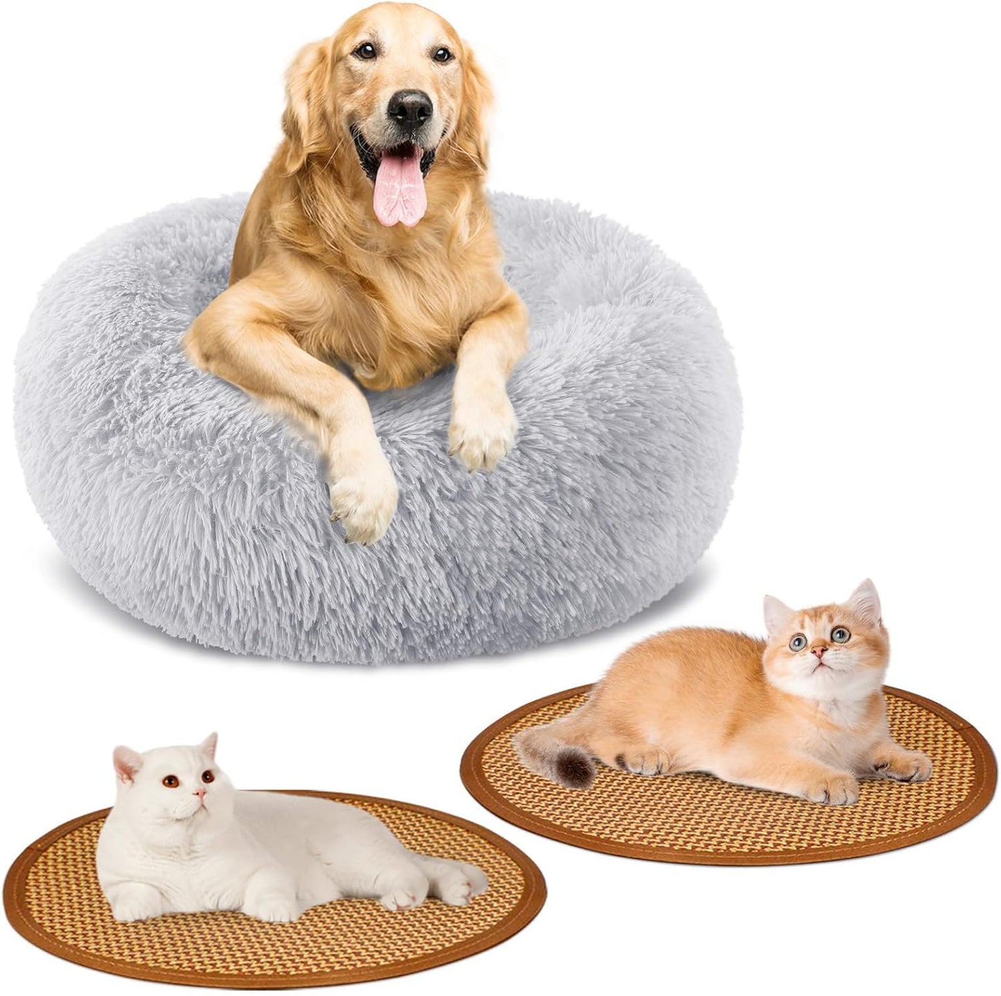 Calming Donut Dog Bed with Cooling Rattan Mats for Pets