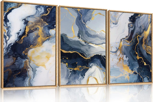 Blue and Gold Framed Canvas Wall Art Set for Modern Decor