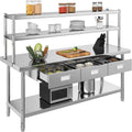 72in Stainless Steel Work Table with 3 Drawers & Overshelf - Durable