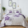 Queen Comforter Set Purple Floral on Grey - Lightweight All-Season