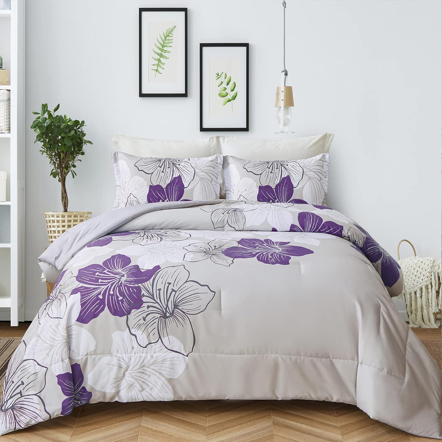 Menghomeus Queen Comforter Set with Purple Floral Design