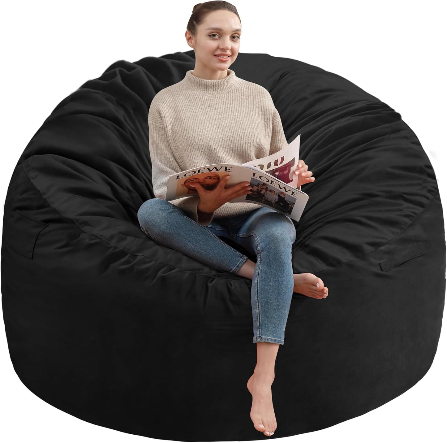 Memory Foam Velvet Bean Bag Chair, Machine Washable Cover - Black