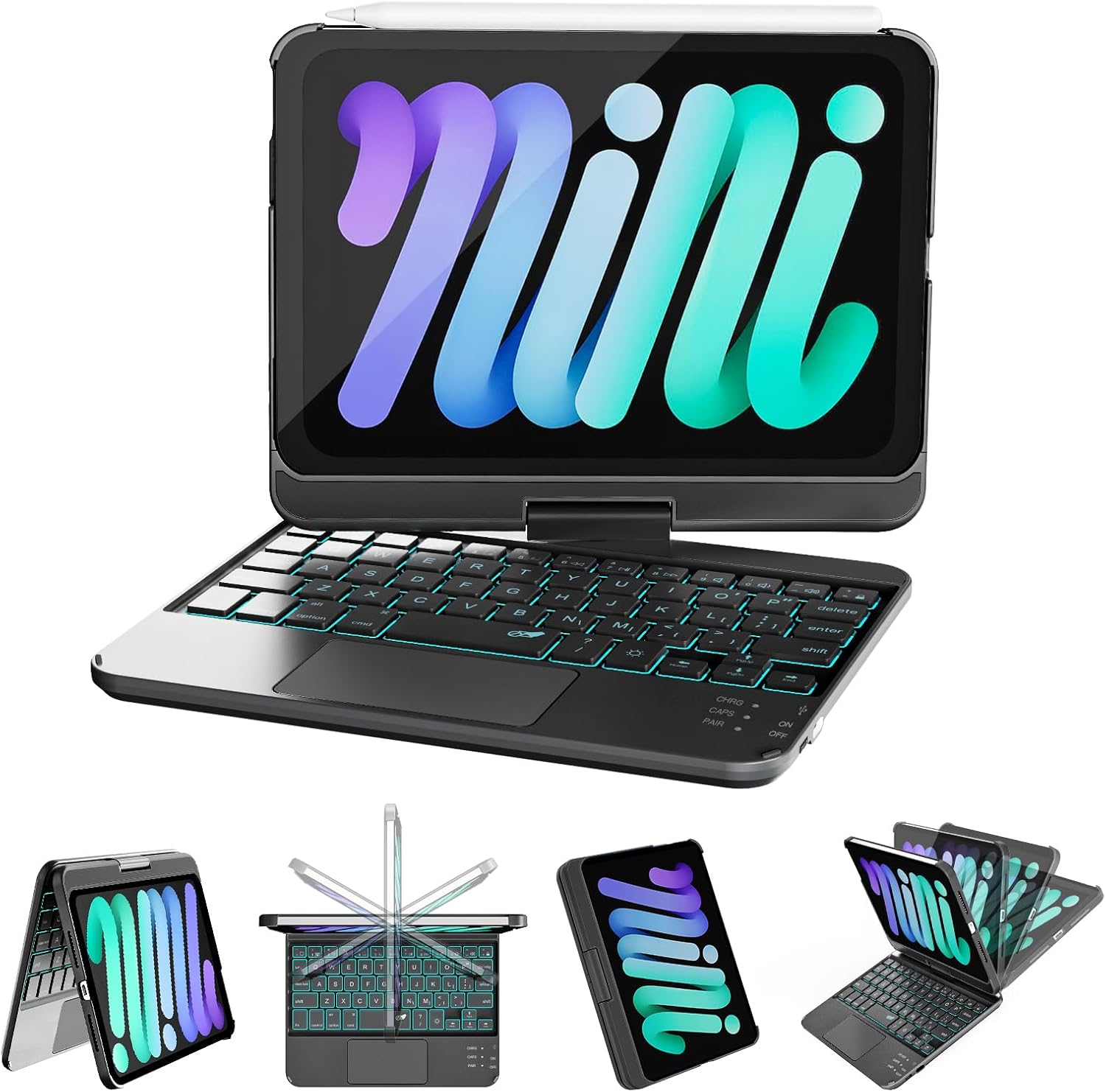 iPad Mini 7 & 6 Case with Backlit Keyboard and Trackpad 360