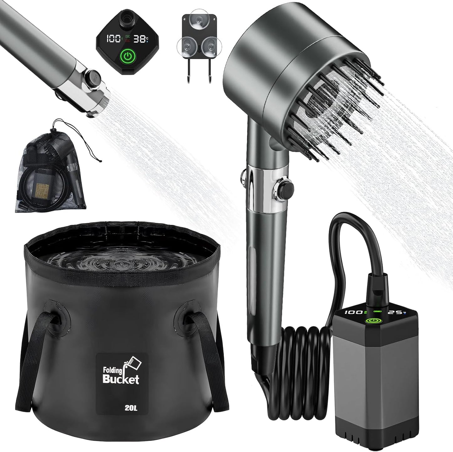 Portable Shower for Camping with LED Display & 20L Bucket