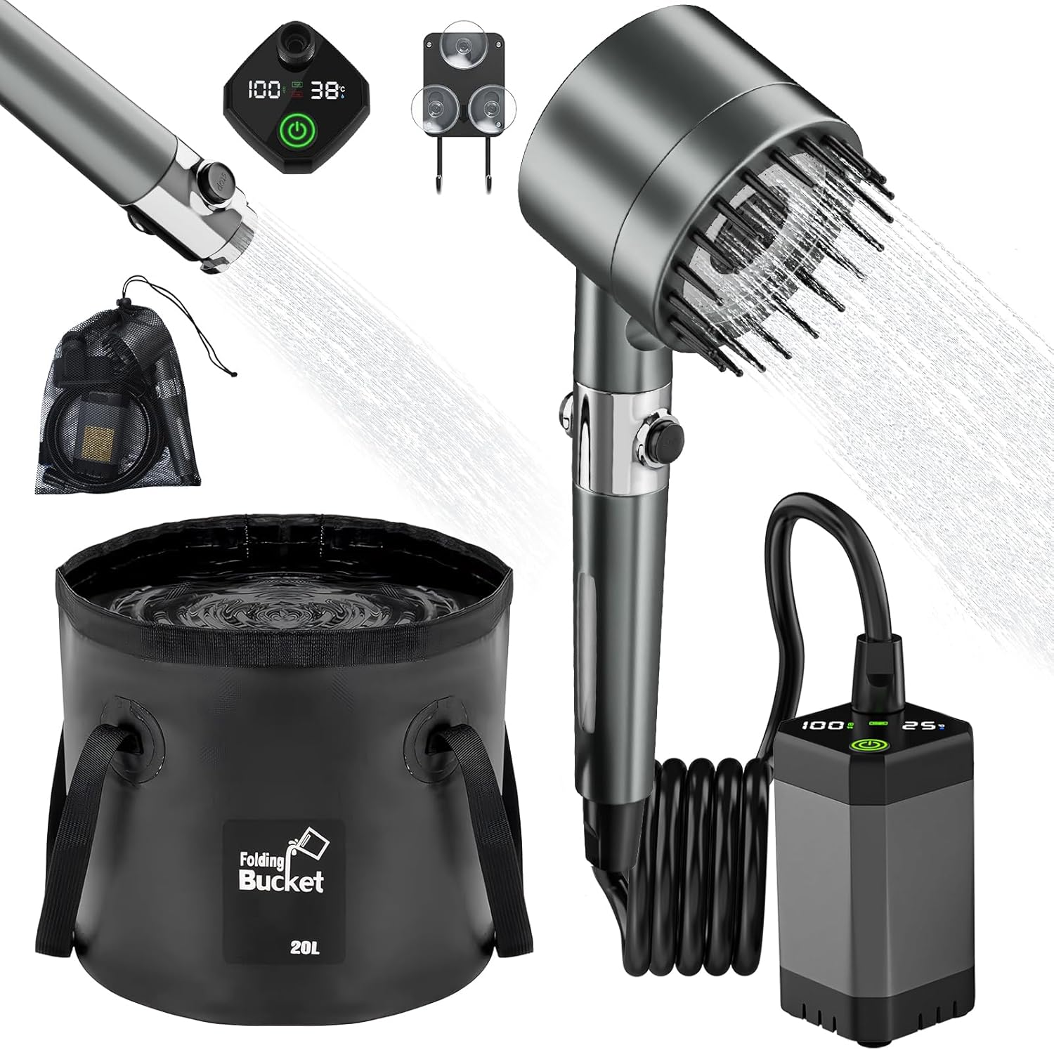 Portable Shower for Camping with LED Display & 20L Bucket