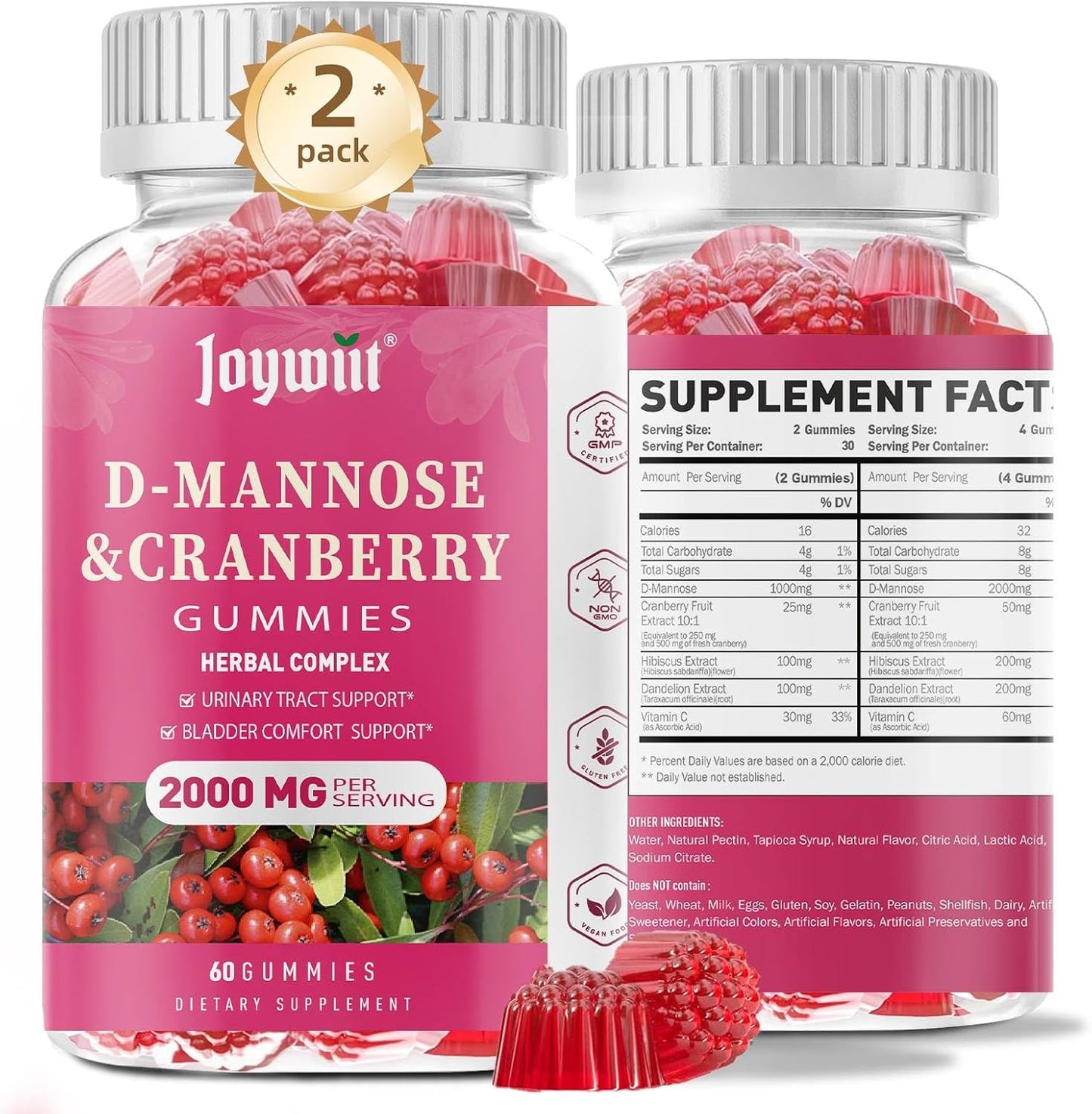 D-Mannose Gummies 2000mg with Cranberry for Urinary Health