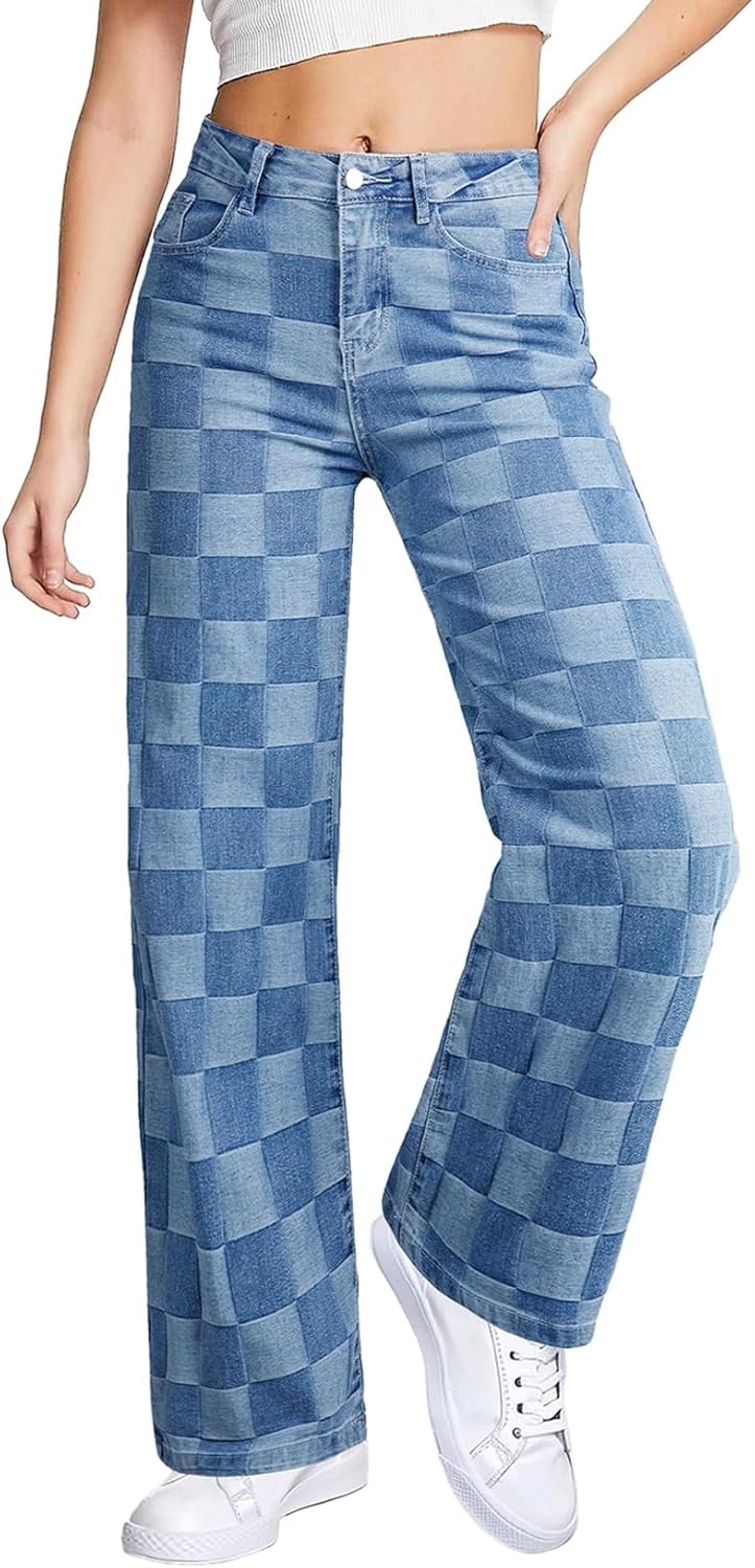Stylish Wide Leg Jeans for Women with Checkered Design