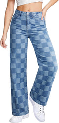 Sidefeel Women's Wide Leg Checkered Jeans High Waisted - Stretchy Fit