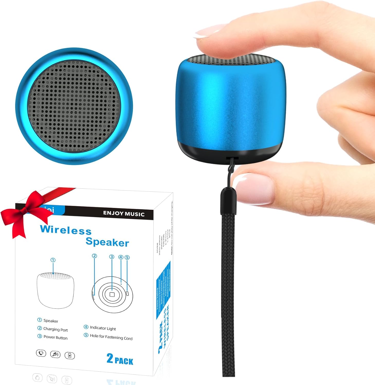 Portable 2Pack Tiny Bluetooth Speakers, Shower Room Bike, Built-in Mic, Blue, AUKSKY