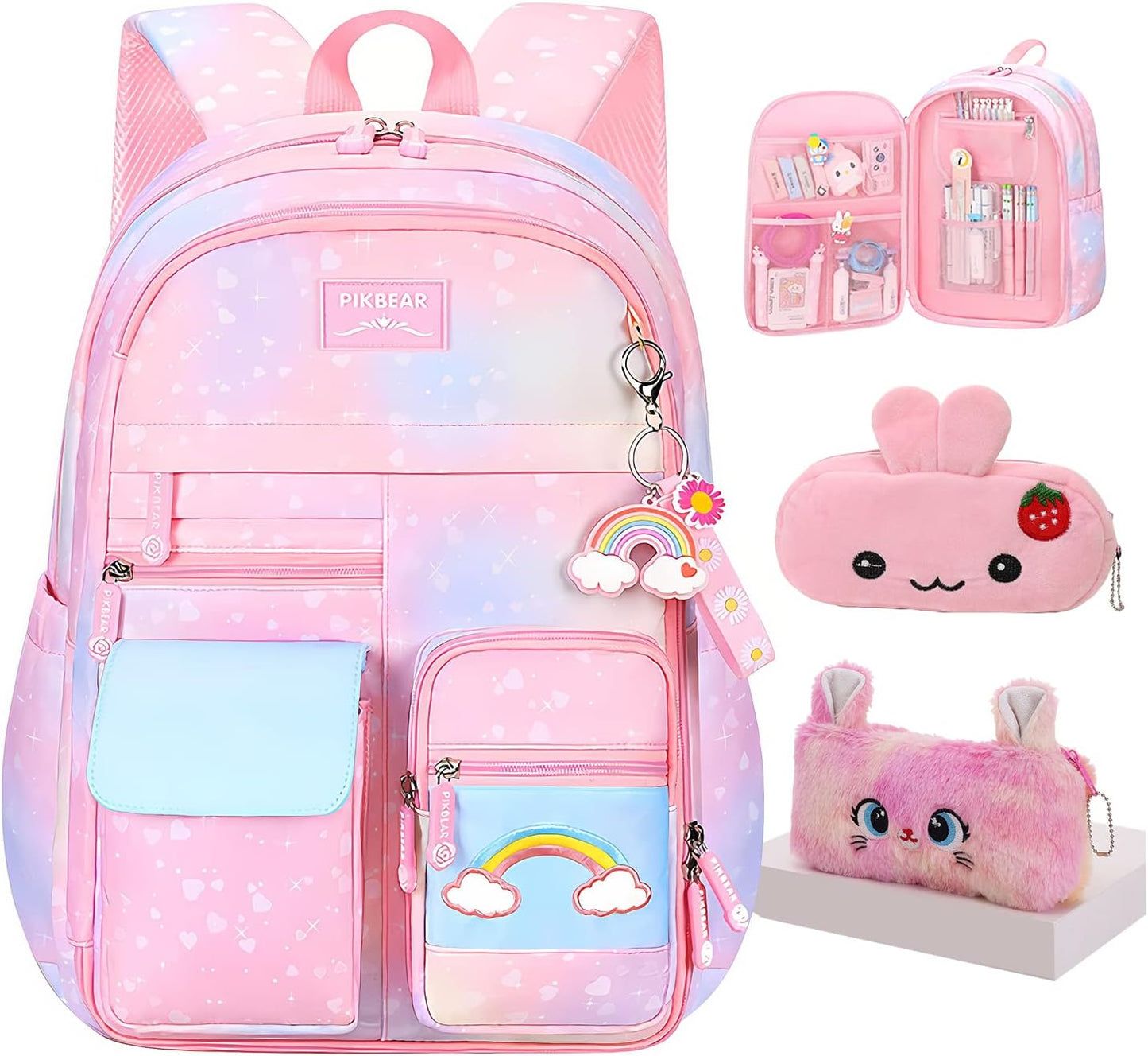 Rainbow Backpack for Girls - Cute Student School Bag with Pen Bag