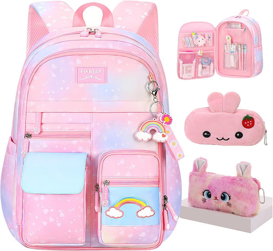 Rainbow Backpack for Girls - Cute Student School Bag with Pen Bag