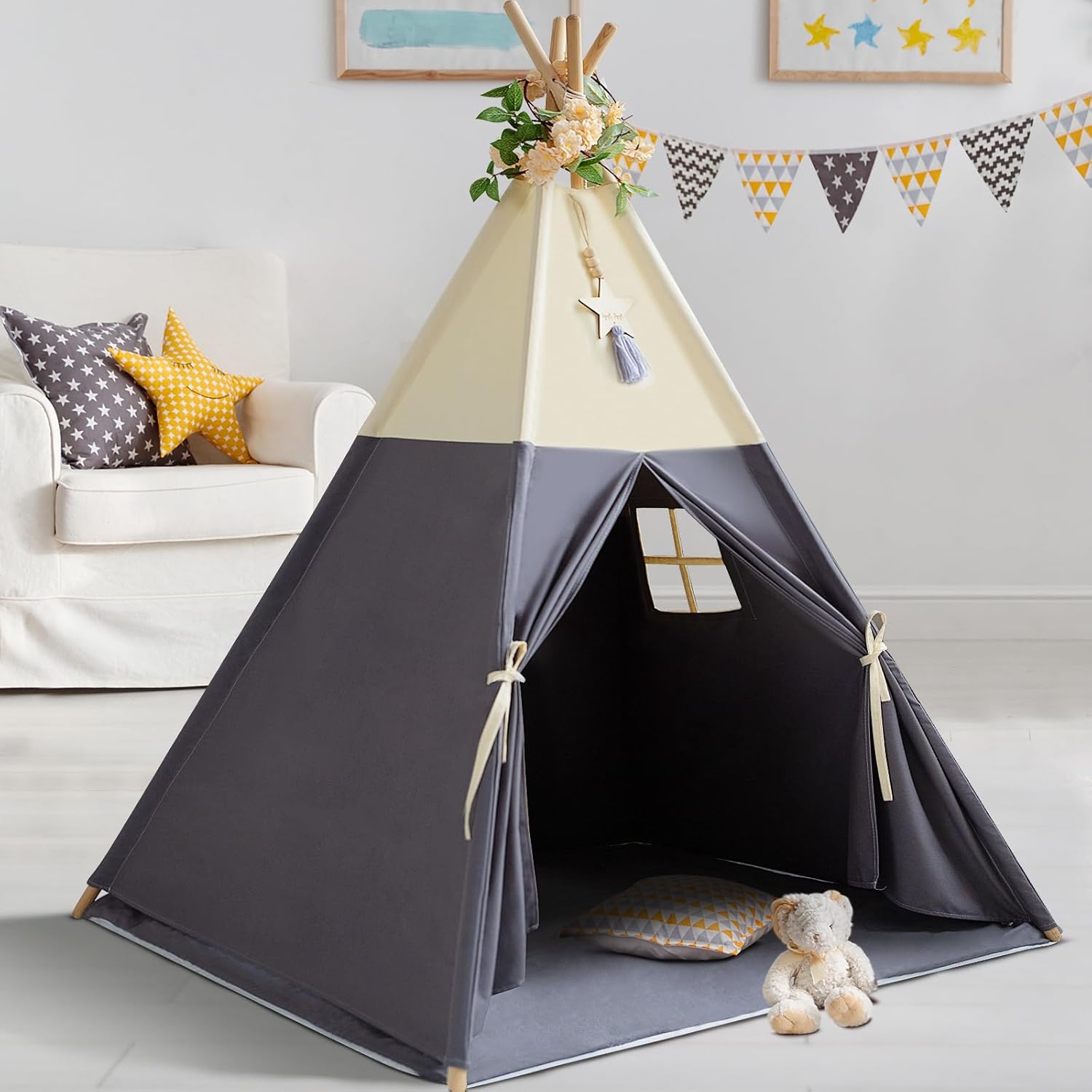 Premium Cotton Teepee Tent with Mat - Portable Fun for Kids!