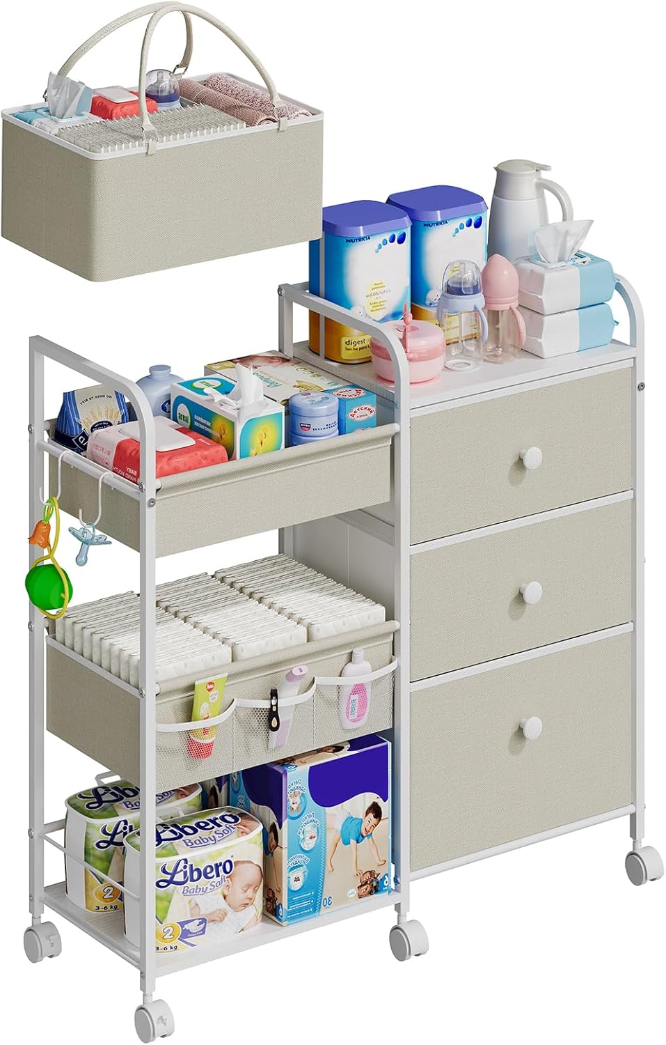 2In1 Baby Diaper Caddy Organizer with 3 Tier Rolling Cart