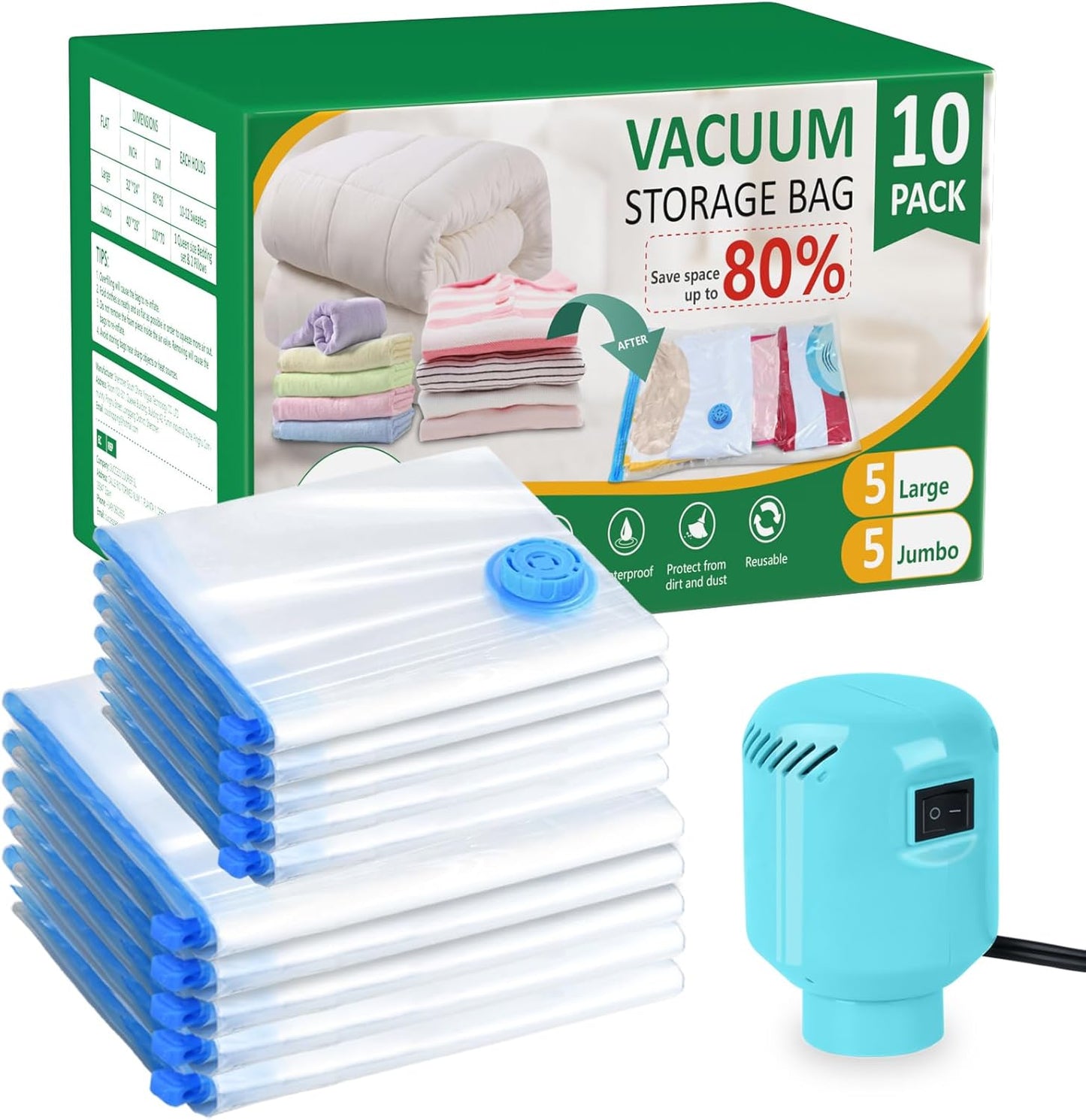 Vacuum Seal Bags for Clothing with Electric Pump - 10 Pack
