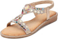 Women Rhinestone T-Strap Sandals with Pearls and Beads - Comfortable